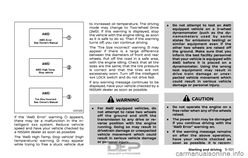 NISSAN ROGUE SPORT 2017 Owners Manual JVS1120X
If the “AWD Error” warningappears,
there may be a malfunction in the In-
telligent 4x4 system. Reduce vehicle
speed and have your vehicle checked by
a NISSAN dealer as soon as possible.
T NISSAN ROGUE SPORT 2017 Owners Manual JVS1120X
If the “AWD Error” warningappears,
there may be a malfunction in the In-
telligent 4x4 system. Reduce vehicle
speed and have your vehicle checked by
a NISSAN dealer as soon as possible.
T
