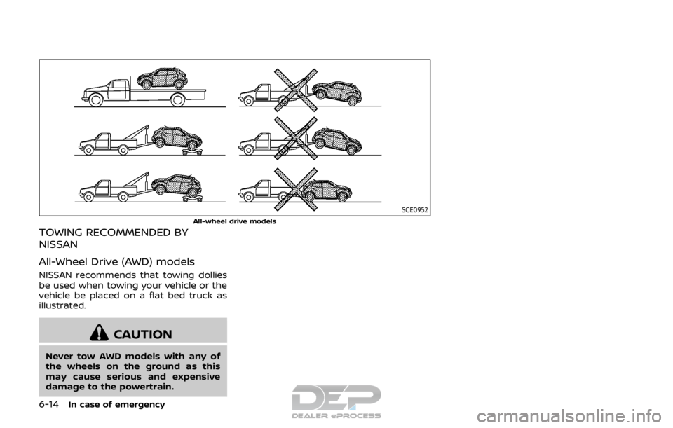 NISSAN ROGUE SPORT 2017  Owners Manual 6-14In case of emergency
SCE0952
All-wheel drive models
TOWING RECOMMENDED BY
NISSAN
All-Wheel Drive (AWD) models
NISSAN recommends that towing dollies
be used when towing your vehicle or the
vehicle 
