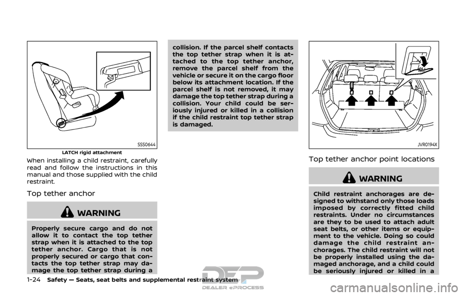 NISSAN ROGUE SPORT 2017 Owners Manual 1-24Safety — Seats, seat belts and supplemental restraint system
SSS0644
LATCH rigid attachment
When installing a child restraint, carefully
read and follow the instructions in this
manual and those NISSAN ROGUE SPORT 2017 Owners Manual 1-24Safety — Seats, seat belts and supplemental restraint system
SSS0644
LATCH rigid attachment
When installing a child restraint, carefully
read and follow the instructions in this
manual and those