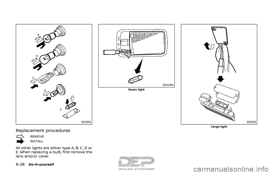 NISSAN ROGUE SPORT 2017  Owners Manual 8-28Do-it-yourself
SDI2306
Replacement procedures
: REMOVE
: INSTALL
All other lights are either type A, B, C, D or
E. When replacing a bulb, first remove the
lens and/or cover.
SDI1499A
Room light
SD
