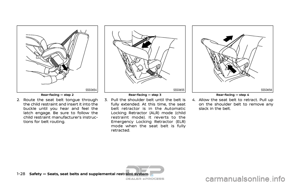 NISSAN ROGUE SPORT 2017  Owners Manual 1-28Safety — Seats, seat belts and supplemental restraint system
SSS0654
Rear-facing — step 2
2. Route the seat belt tongue throughthe child restraint and insert it into the
buckle until you hear 