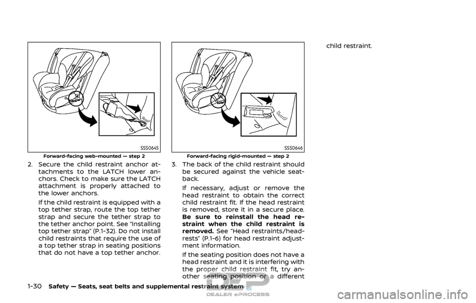 NISSAN ROGUE SPORT 2017 Owners Manual 1-30Safety — Seats, seat belts and supplemental restraint system
SSS0645
Forward-facing web-mounted — step 2
2. Secure the child restraint anchor at-tachments to the LATCH lower an-
chors. Check t NISSAN ROGUE SPORT 2017 Owners Manual 1-30Safety — Seats, seat belts and supplemental restraint system
SSS0645
Forward-facing web-mounted — step 2
2. Secure the child restraint anchor at-tachments to the LATCH lower an-
chors. Check t