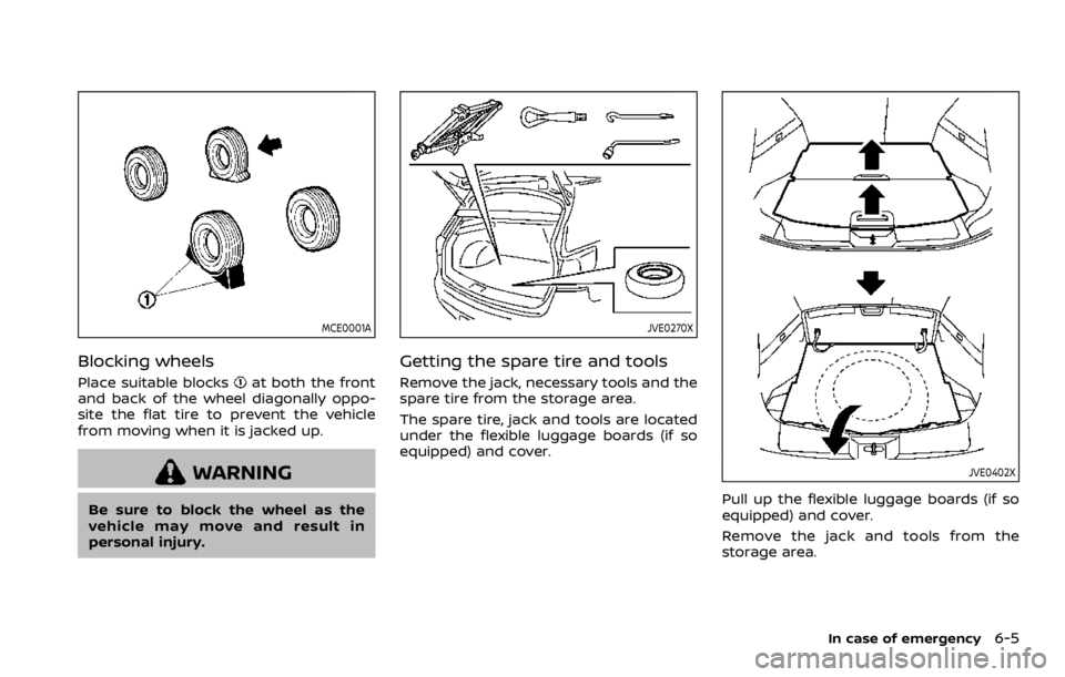 NISSAN ROGUE 2022  Owners Manual MCE0001A
Blocking wheels
Place suitable blocks 