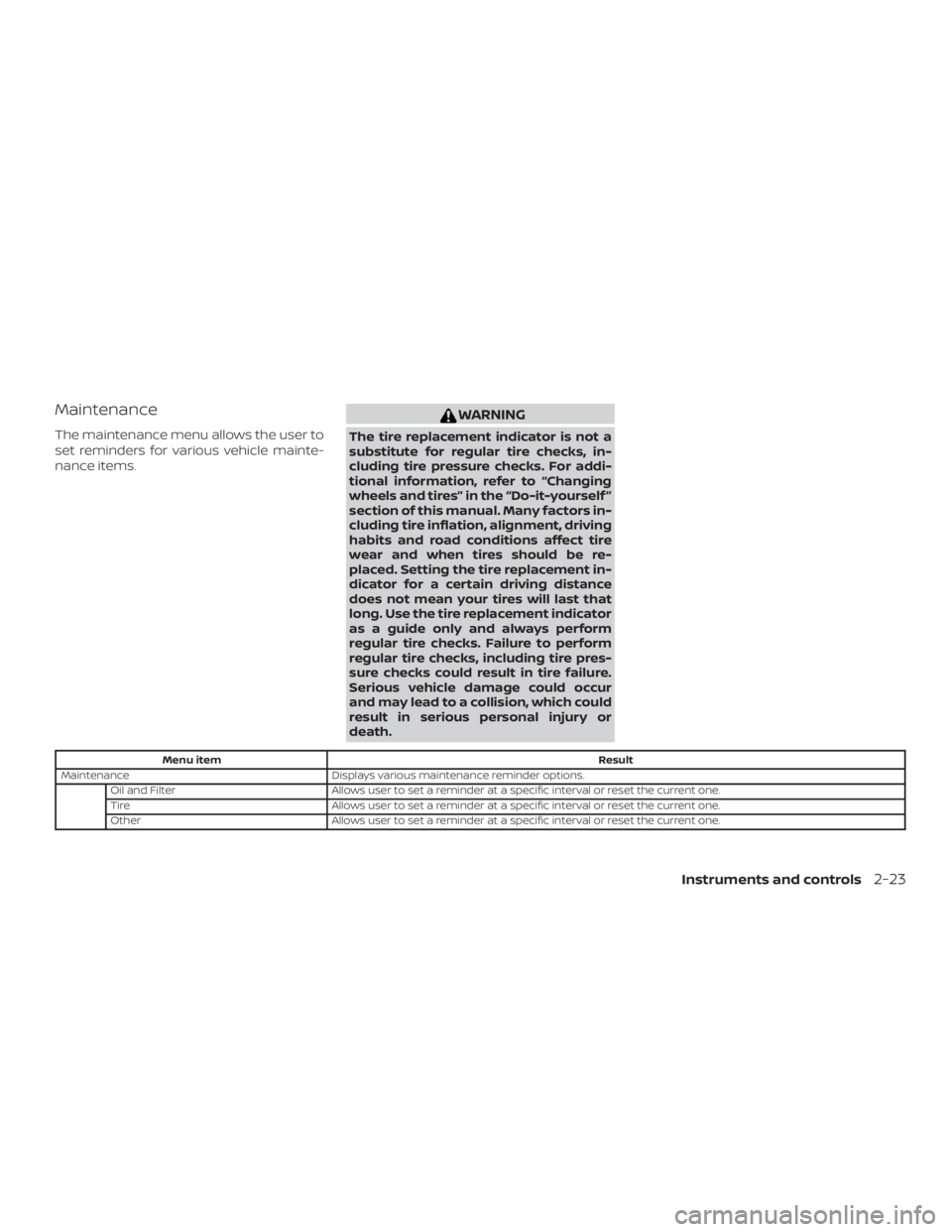 NISSAN MAXIMA PLATINUM 2018  Owners Manual Maintenance
The maintenance menu allows the user to
set reminders for various vehicle mainte-
nance items. 