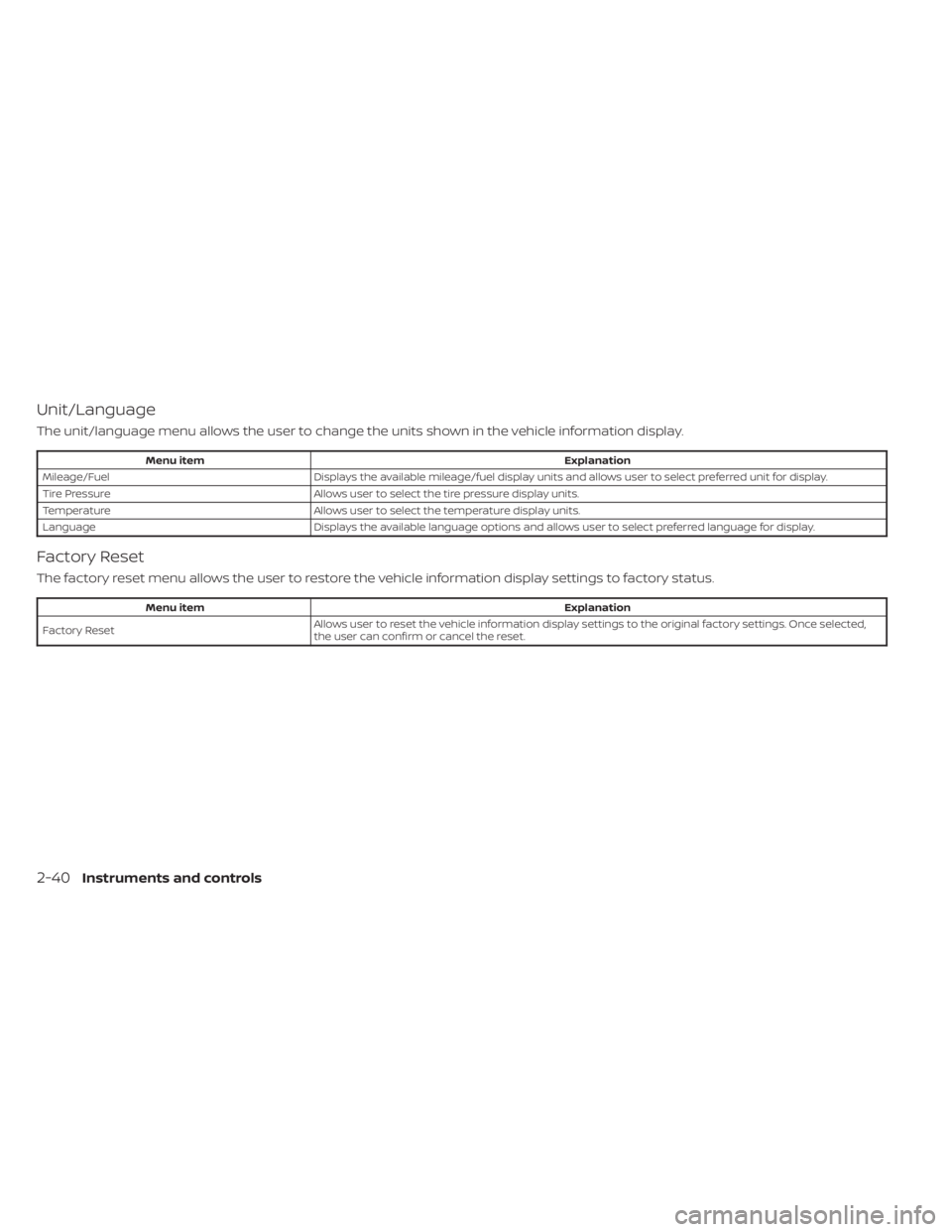 NISSAN SENTRA 2023  Owners Manual Unit/Language
The unit/language menu allows the user to change the units shown in the vehicle information display.
Menu itemExplanation
Mileage/Fuel Displays the available mileage/fuel display units a