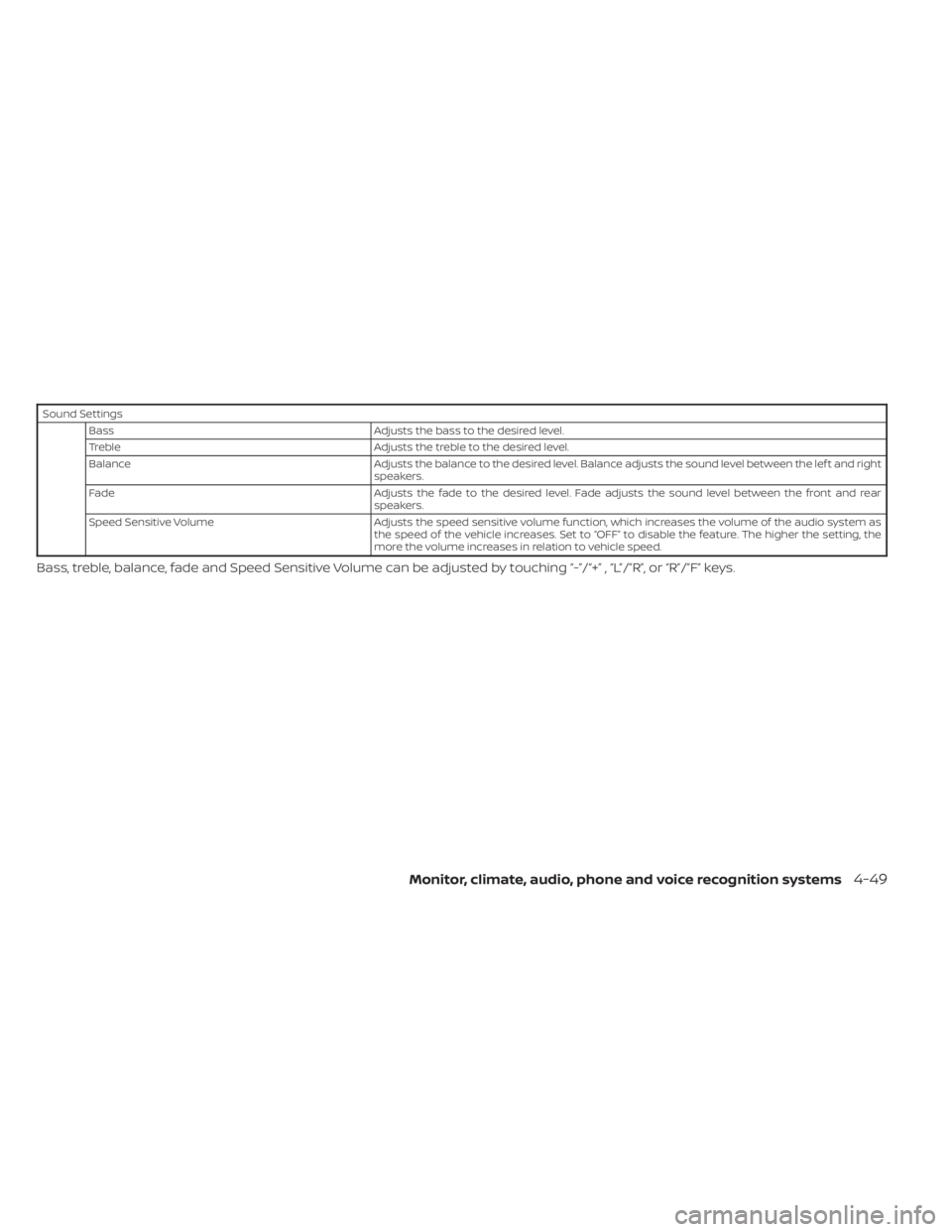 NISSAN SENTRA 2023  Owners Manual Sound SettingsBass Adjusts the bass to the desired level.
Treble Adjusts the treble to the desired level.
Balance Adjusts the balance to the desired level. Balance adjusts the sound level between the 