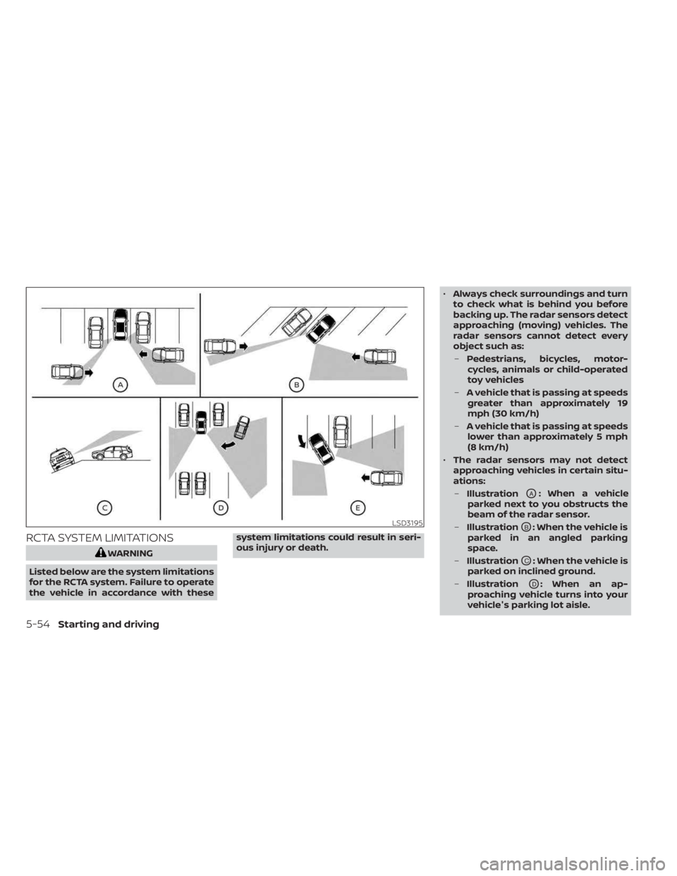 NISSAN SENTRA 2023 Owners Manual RCTA SYSTEM LIMITATIONS
WARNING
Listed below are the system limitations
for the RCTA system. Failure to operate
the vehicle in accordance with these system limitations could result in seri-
ous injury NISSAN SENTRA 2023 Owners Manual RCTA SYSTEM LIMITATIONS
WARNING
Listed below are the system limitations
for the RCTA system. Failure to operate
the vehicle in accordance with these system limitations could result in seri-
ous injury
