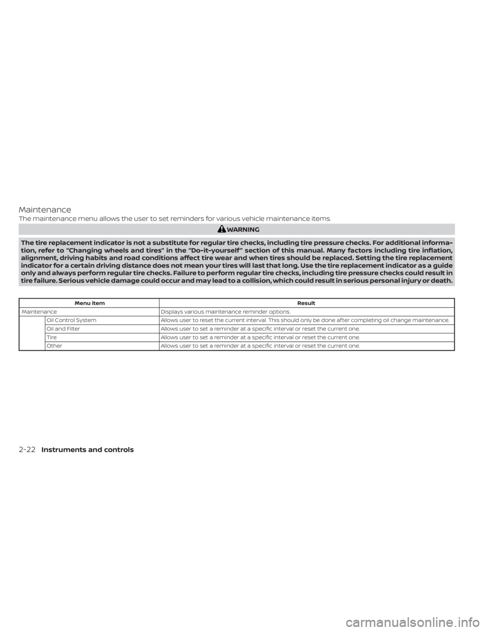 NISSAN SENTRA 2022  Owners Manual Maintenance
The maintenance menu allows the user to set reminders for various vehicle maintenance items.
Menu itemResult
Maintenance Displays various maintenance reminder options.
Oil Control System A