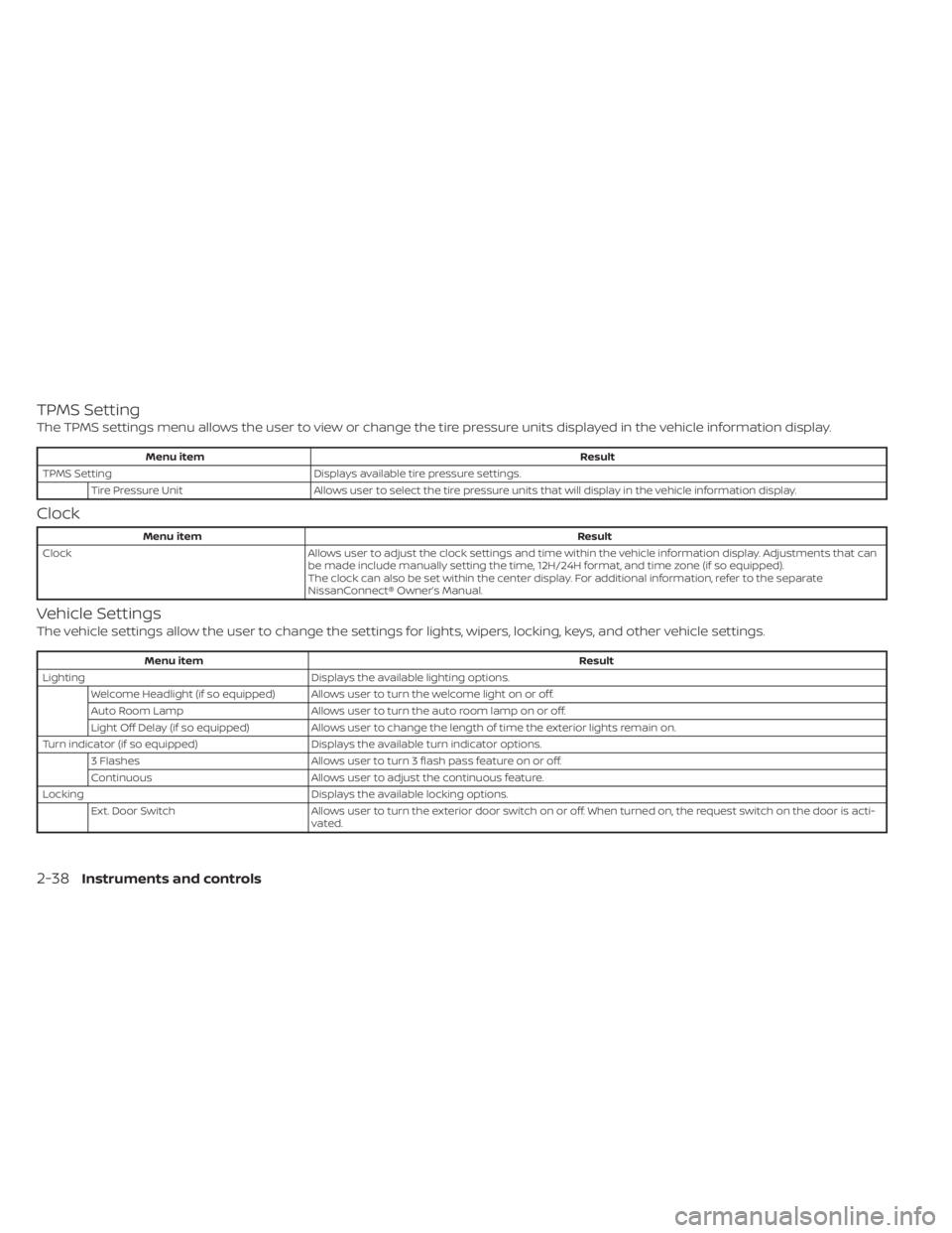NISSAN SENTRA 2022  Owners Manual TPMS Setting
The TPMS settings menu allows the user to view or change the tire pressure units displayed in the vehicle information display. 