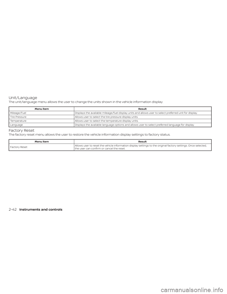 NISSAN SENTRA 2022  Owners Manual Unit/Language
The unit/language menu allows the user to change the units shown in the vehicle information display. 