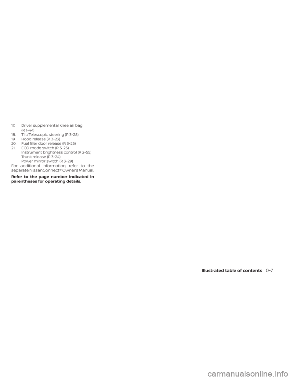 NISSAN SENTRA 2022  Owners Manual 17. Driver supplemental knee air bag(P. 1-44)
18. Tilt/Telescopic steering (P. 3-28)
19. Hood release (P. 3-23)
20. Fuel filler door release (P. 3-25)
21. ECO mode switch (P. 5-25) Instrument brightne