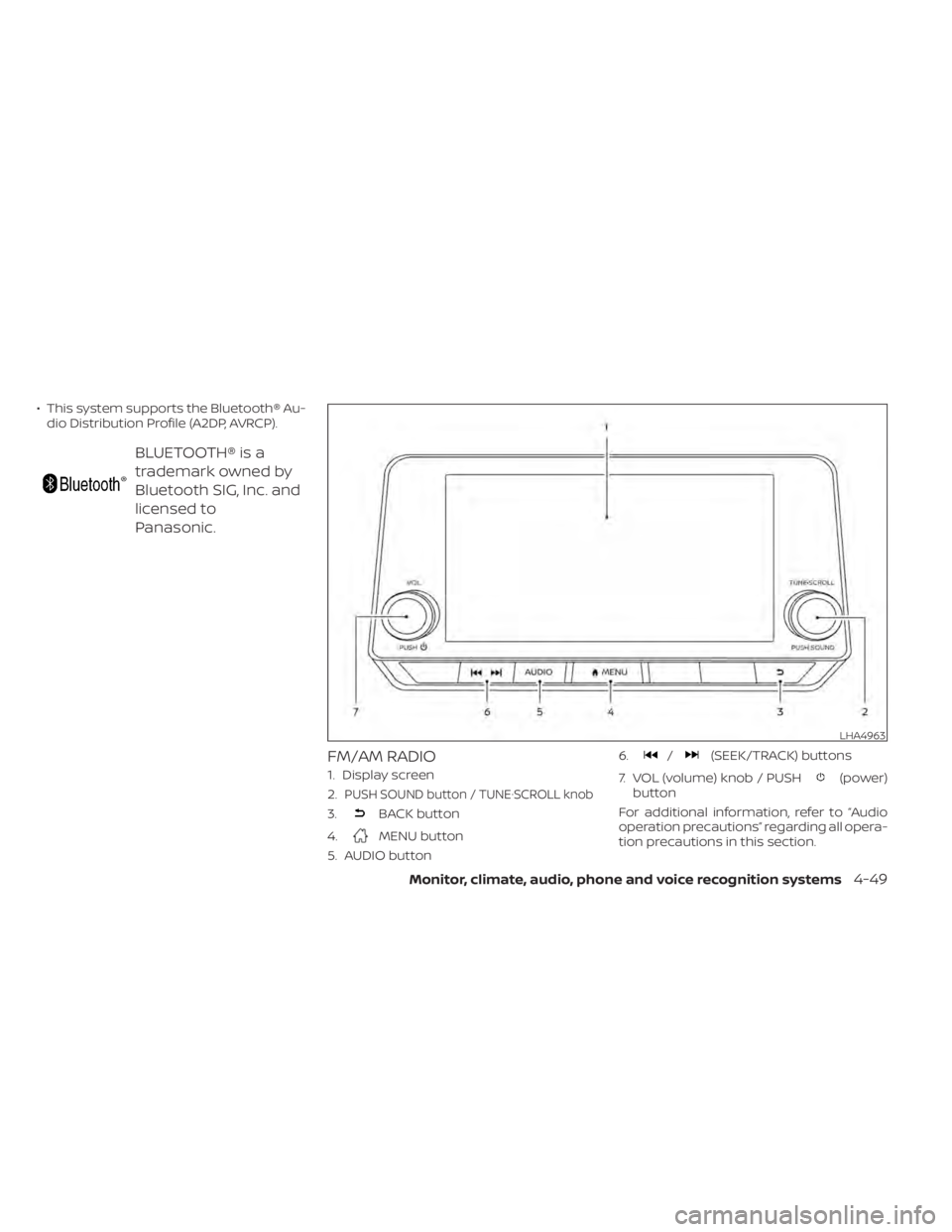 NISSAN SENTRA 2022  Owners Manual • This system supports the Bluetooth® Au-dio Distribution Profile (A2DP, AVRCP).
BLUETOOTH® is a
trademark owned by
Bluetooth SIG, Inc. and
licensed to
Panasonic.
FM/AM RADIO
1. Display screen
2.
