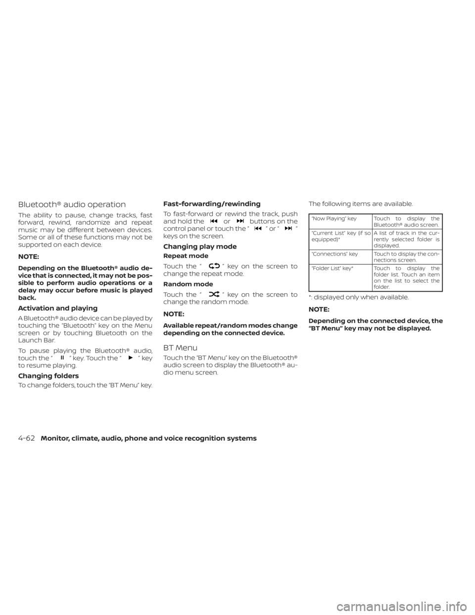 NISSAN SENTRA 2022  Owners Manual Bluetooth® audio operation
The ability to pause, change tracks, fast
forward, rewind, randomize and repeat
music may be different between devices.
Some or all of these functions may not be
supported 