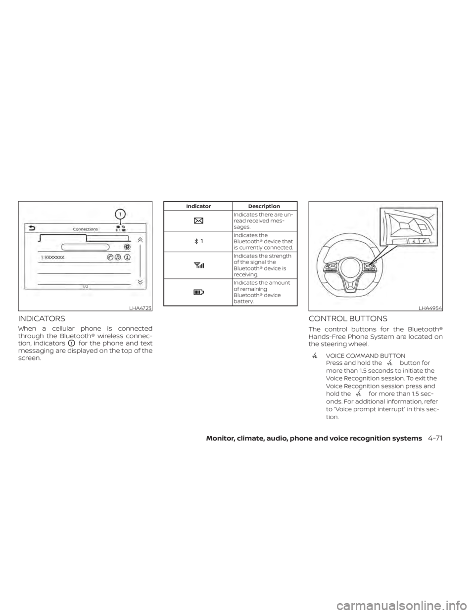 NISSAN SENTRA 2022  Owners Manual INDICATORS
When a cellular phone is connected
through the Bluetooth® wireless connec-
tion, indicators
O1for the phone and text
messaging are displayed on the top of the
screen.
Indicates the
Bluetoo