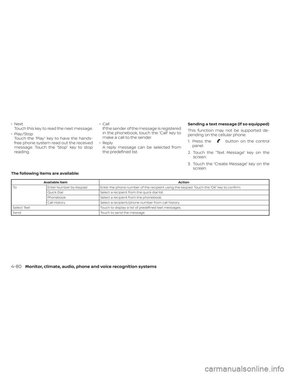 NISSAN SENTRA 2022 Owners Manual •NextTouch this key to read the next message.
• Play/Stop Touch the “Play ” key to have the hands-
free phone system read out the received
message. Touch the “Stop” key to stop
reading. NISSAN SENTRA 2022 Owners Manual •NextTouch this key to read the next message.
• Play/Stop Touch the “Play ” key to have the hands-
free phone system read out the received
message. Touch the “Stop” key to stop
reading.