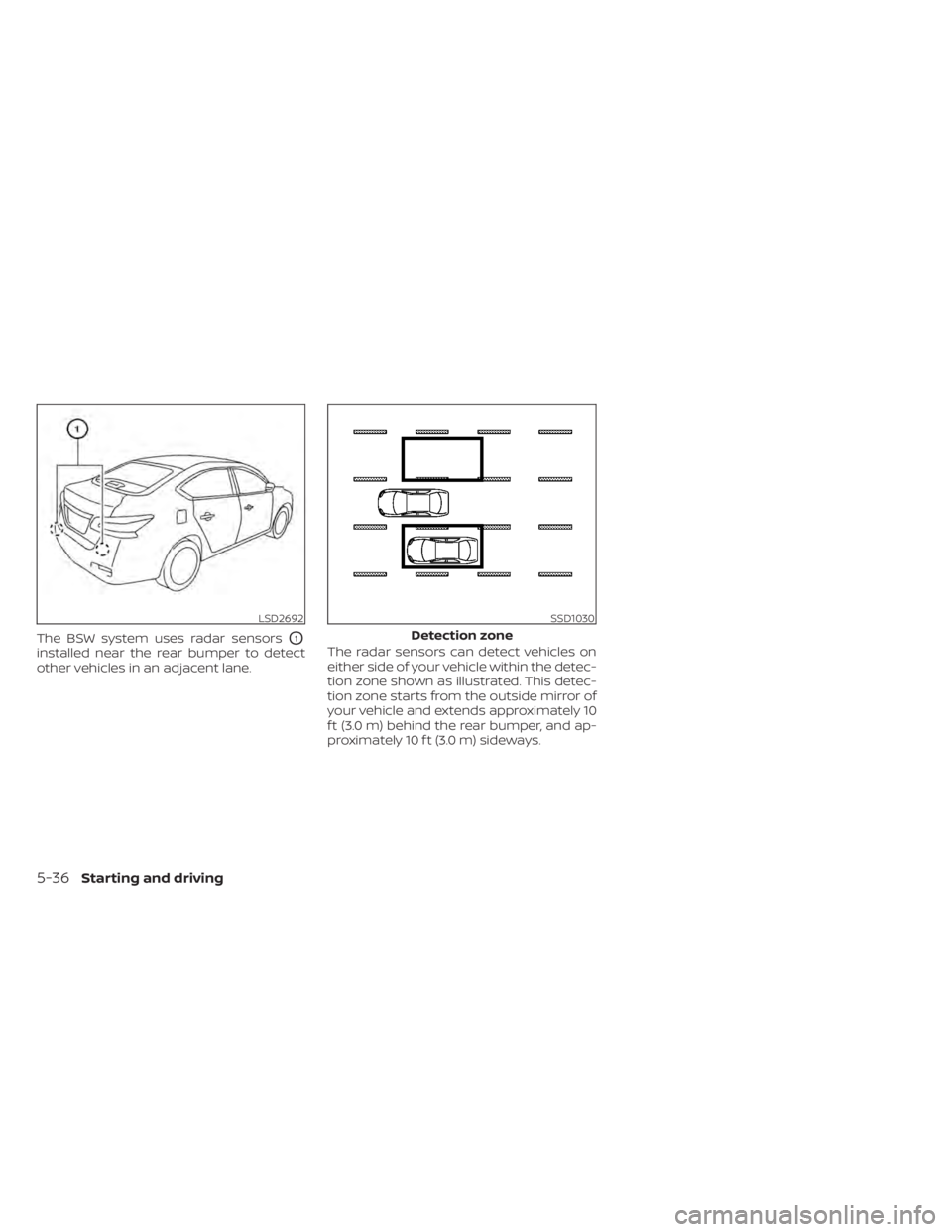 NISSAN SENTRA 2022  Owners Manual The BSW system uses radar sensorsO1
installed near the rear bumper to detect
other vehicles in an adjacent lane.The radar sensors can detect vehicles on
either side of your vehicle within the detec-
t