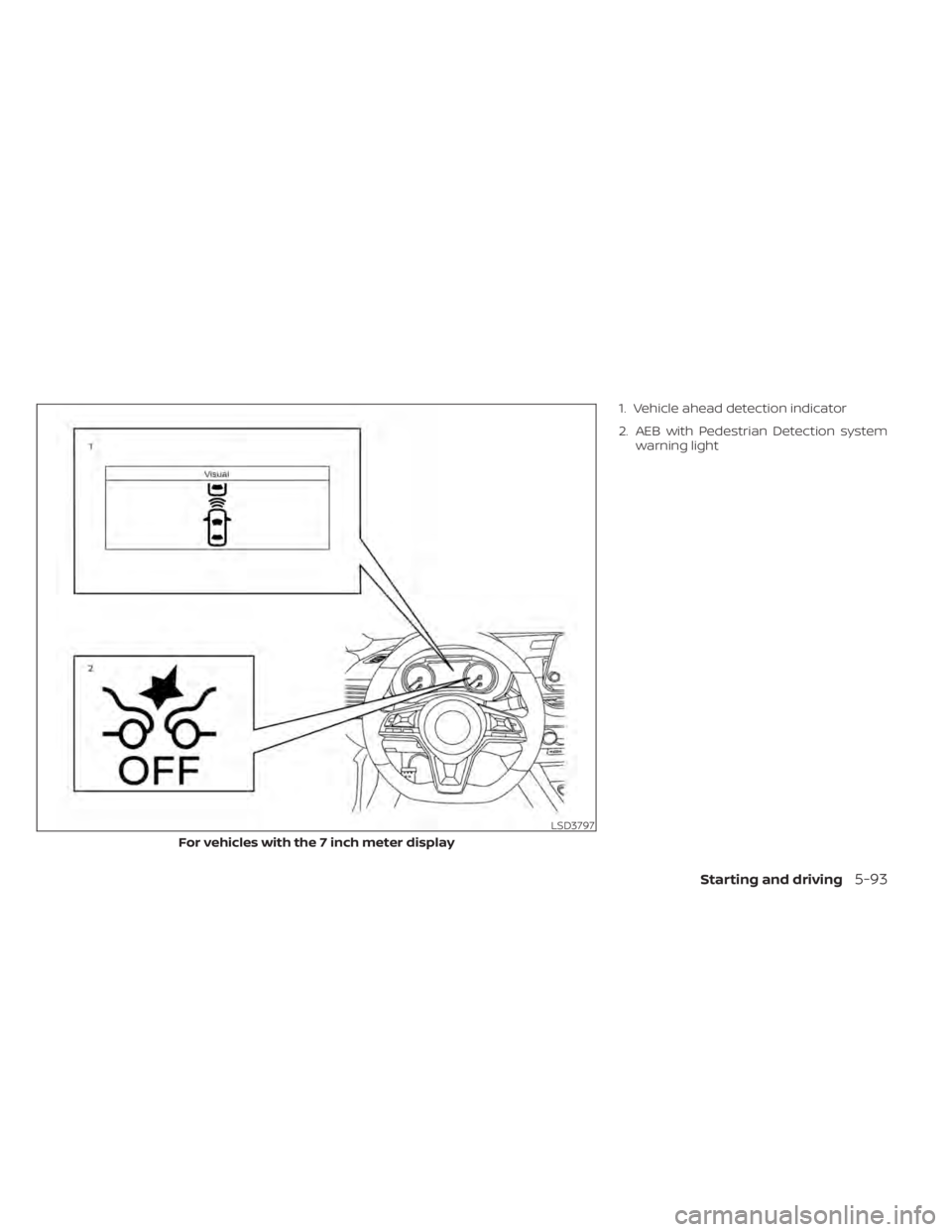 NISSAN SENTRA 2022  Owners Manual 1. Vehicle ahead detection indicator
2. AEB with Pedestrian Detection systemwarning light
LSD3797
For vehicles with the 7 inch meter display
Starting and driving5-93 