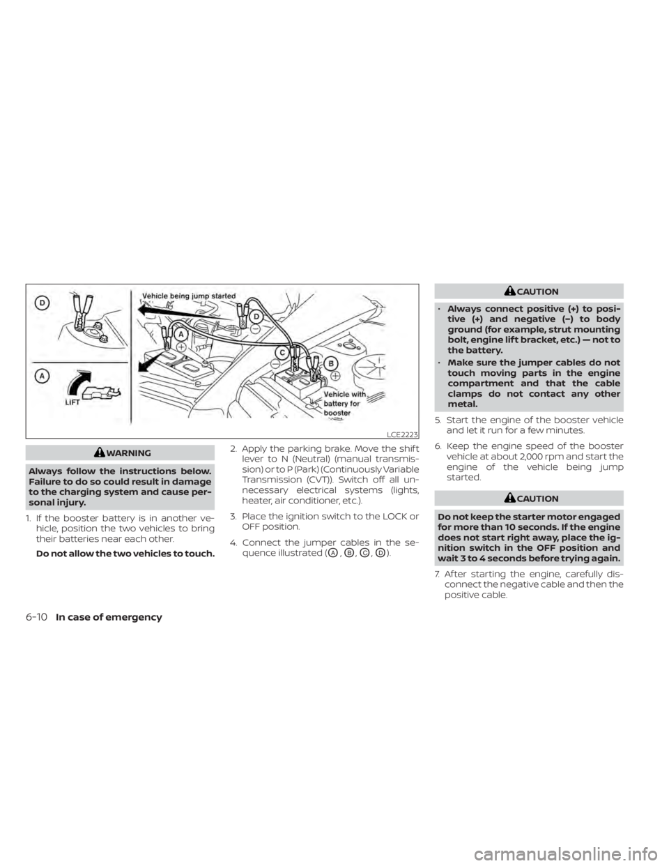NISSAN SENTRA 2022  Owners Manual WARNING
Always follow the instructions below.
Failure to do so could result in damage
to the charging system and cause per-
sonal injury.
1. If the booster battery is in another ve- hicle, position th