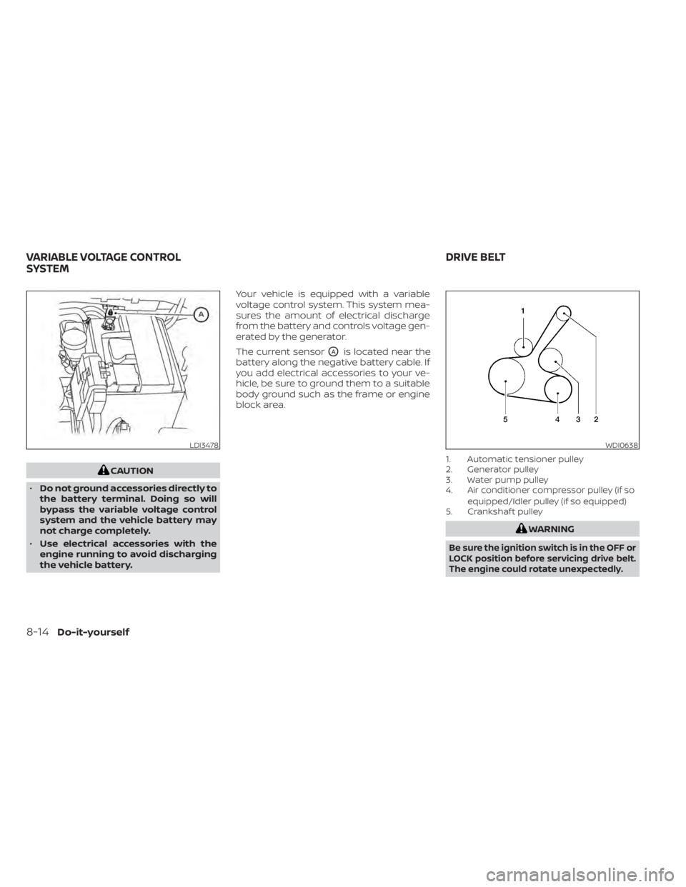 NISSAN SENTRA 2022  Owners Manual CAUTION
• Do not ground accessories directly to
the battery terminal. Doing so will
bypass the variable voltage control
system and the vehicle battery may
not charge completely.
• Use electrical a