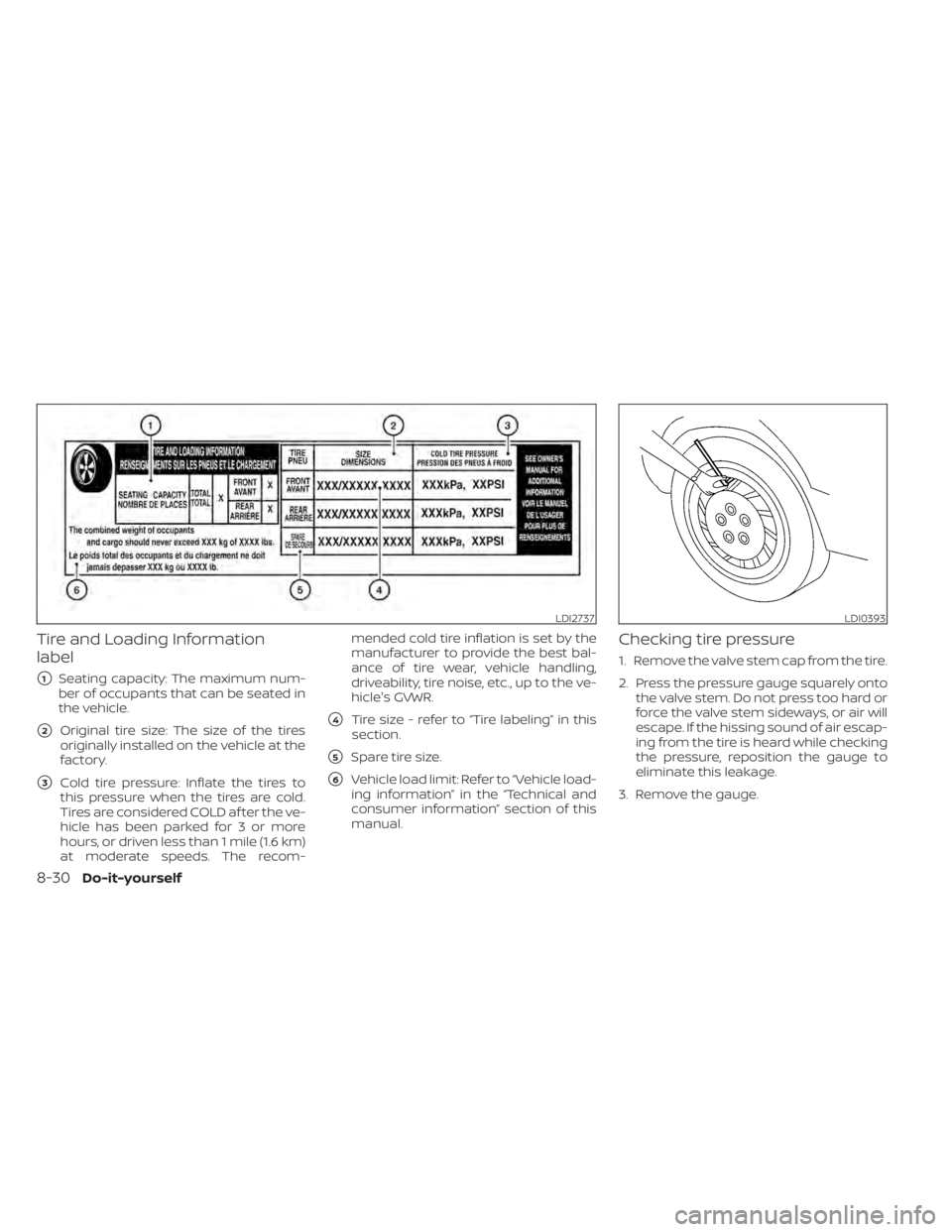 NISSAN SENTRA 2022 Owners Manual Tire and Loading Information
label
1Seating capacity: The maximum num-
ber of occupants that can be seated in
the vehicle.
2Original tire size: The size of the tires
originally installed on the vehi NISSAN SENTRA 2022 Owners Manual Tire and Loading Information
label
1Seating capacity: The maximum num-
ber of occupants that can be seated in
the vehicle.
2Original tire size: The size of the tires
originally installed on the vehi
