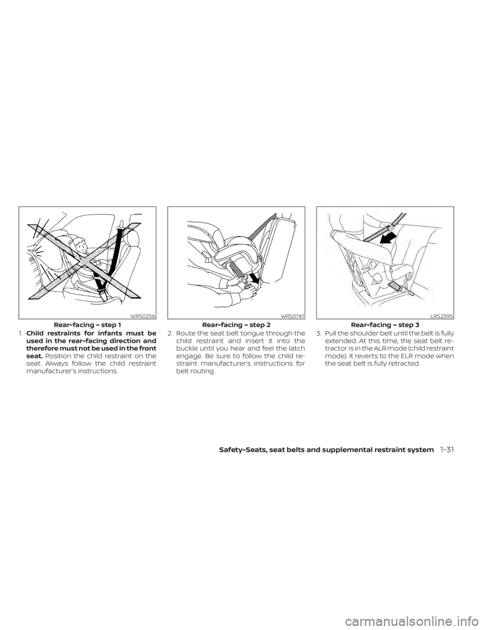 NISSAN SENTRA 2022  Owners Manual 1.Child restraints for infants must be
used in the rear-facing direction and
therefore must not be used in the front
seat. Position the child restraint on the
seat. Always follow the child restraint
m
