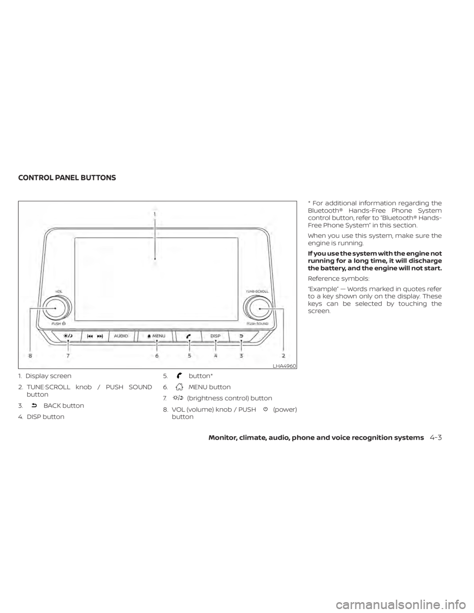 NISSAN SENTRA 2021  Owners Manual 1. Display screen
2. TUNE·SCROLL knob / PUSH SOUNDbutton
3.
BACK button
4. DISP button 5.
button*
6.
MENU button
7.
(brightness control) button
8. VOL (volume) knob / PUSH
(power)
button * For additi
