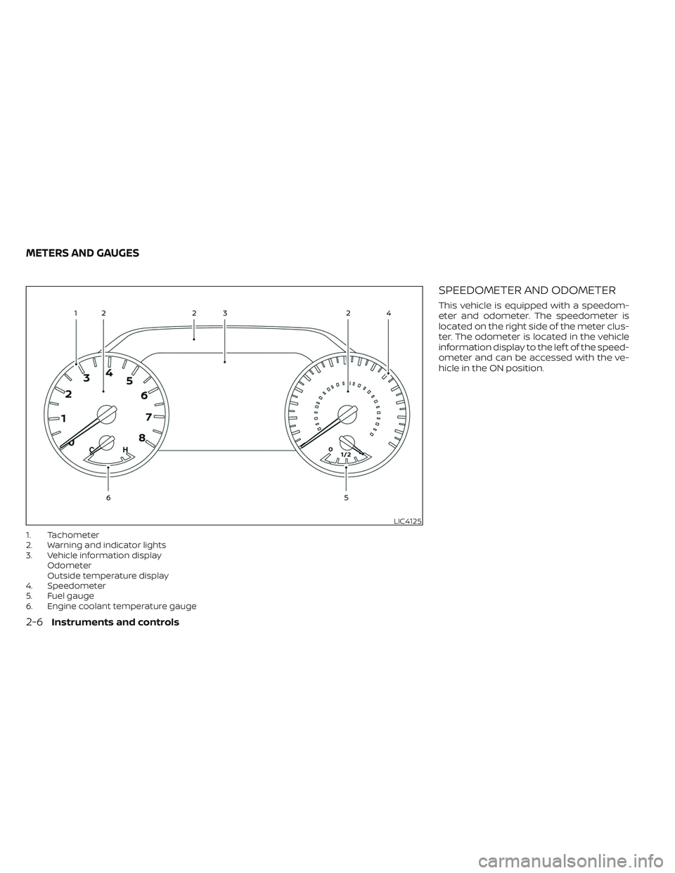 NISSAN TITAN 2023  Owners Manual 1. Tachometer
2. Warning and indicator lights
3. Vehicle information displayOdometer
Outside temperature display
4. Speedometer
5. Fuel gauge
6. Engine coolant temperature gauge
SPEEDOMETER AND ODOMET