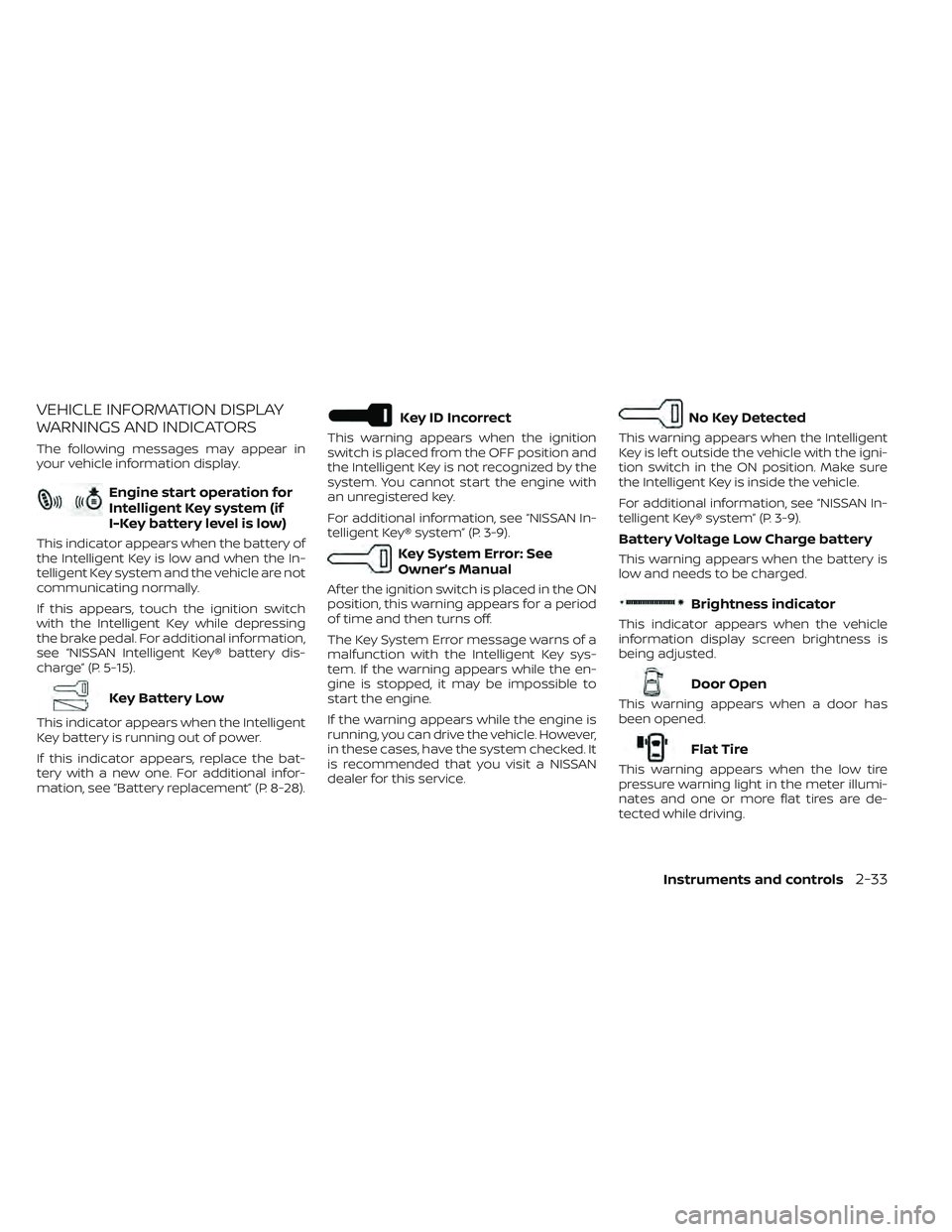 NISSAN TITAN 2023  Owners Manual VEHICLE INFORMATION DISPLAY
WARNINGS AND INDICATORS
The following messages may appear in
your vehicle information display.
Engine start operation for
Intelligent Key system (if
I-Key battery level is 