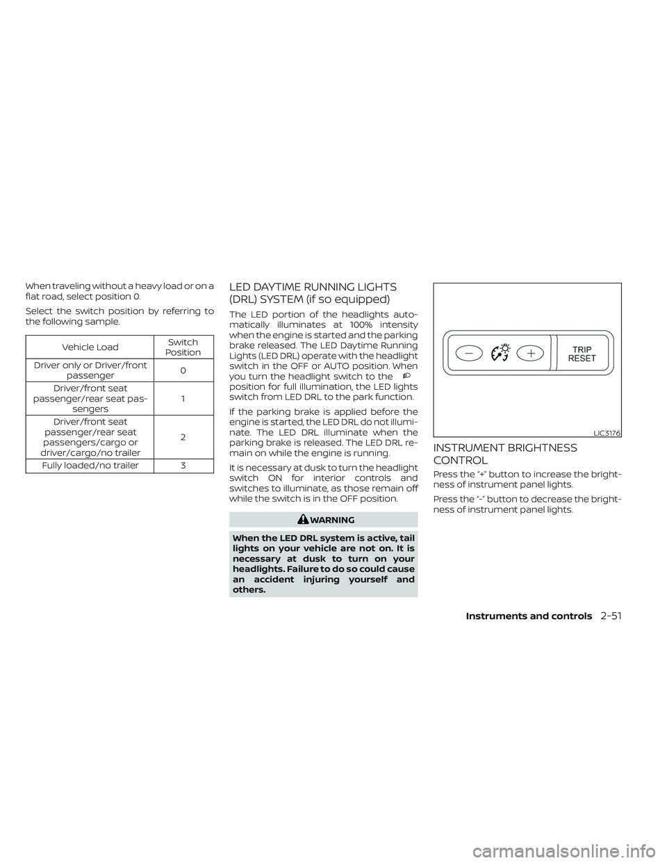 NISSAN TITAN 2023 Owners Manual When traveling without a heavy load or on a
flat road, select position 0.
Select the switch position by referring to
the following sample.
Vehicle LoadSwitch
Position
Driver only or Driver/front passe NISSAN TITAN 2023 Owners Manual When traveling without a heavy load or on a
flat road, select position 0.
Select the switch position by referring to
the following sample.
Vehicle LoadSwitch
Position
Driver only or Driver/front passe
