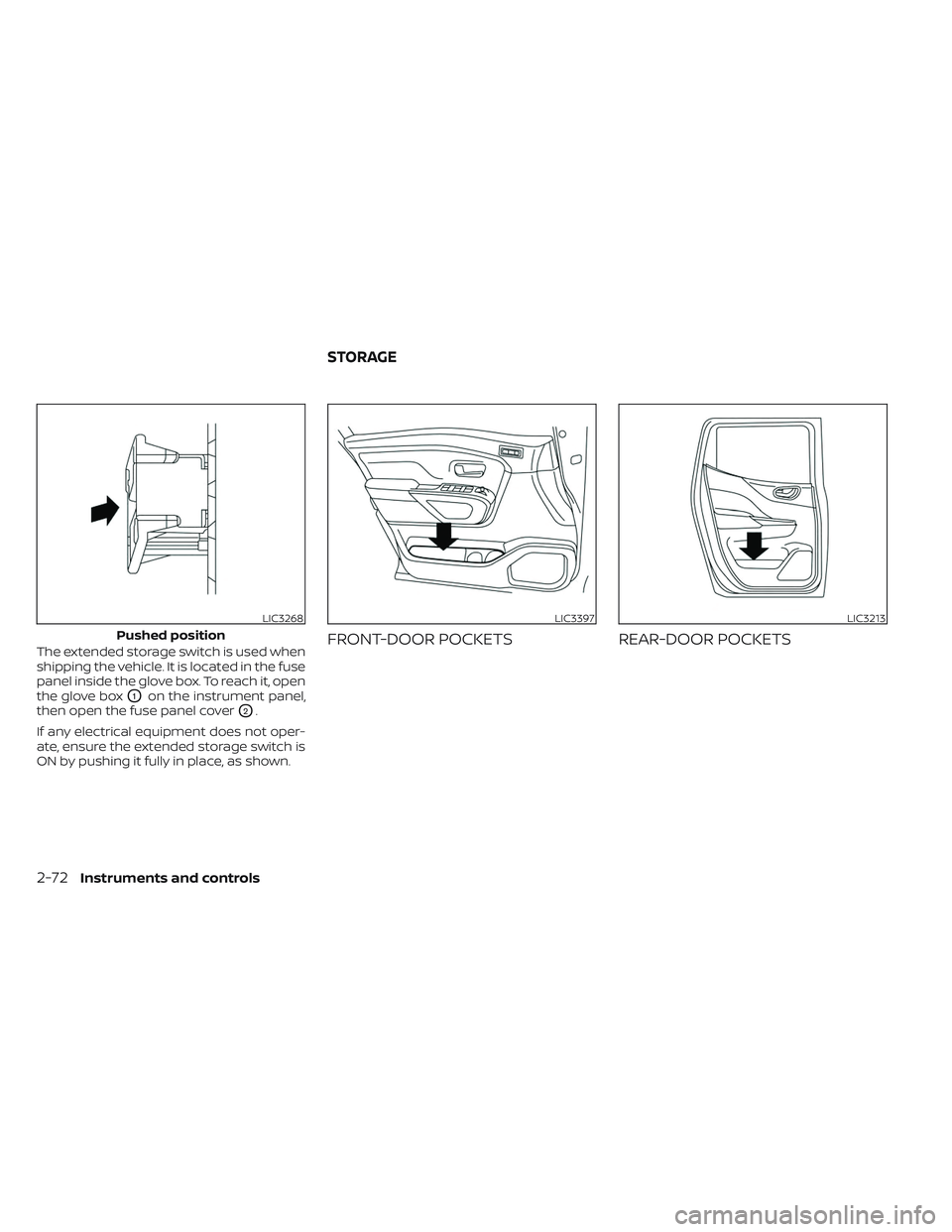 NISSAN TITAN 2023  Owners Manual The extended storage switch is used when
shipping the vehicle. It is located in the fuse
panel inside the glove box. To reach it, open
the glove box
O1on the instrument panel,
then open the fuse panel