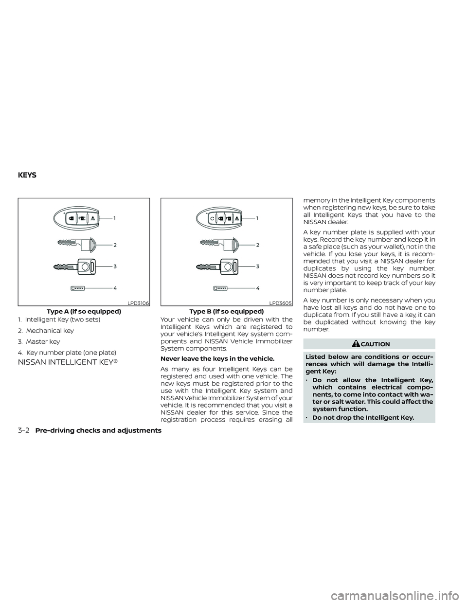 NISSAN TITAN 2023 Owners Manual NISSAN INTELLIGENT KEY®
Your vehicle can only be driven with the
Intelligent Keys which are registered to
your vehicle’s Intelligent Key system com-
ponents and NISSAN Vehicle Immobilizer
System co NISSAN TITAN 2023 Owners Manual NISSAN INTELLIGENT KEY®
Your vehicle can only be driven with the
Intelligent Keys which are registered to
your vehicle’s Intelligent Key system com-
ponents and NISSAN Vehicle Immobilizer
System co