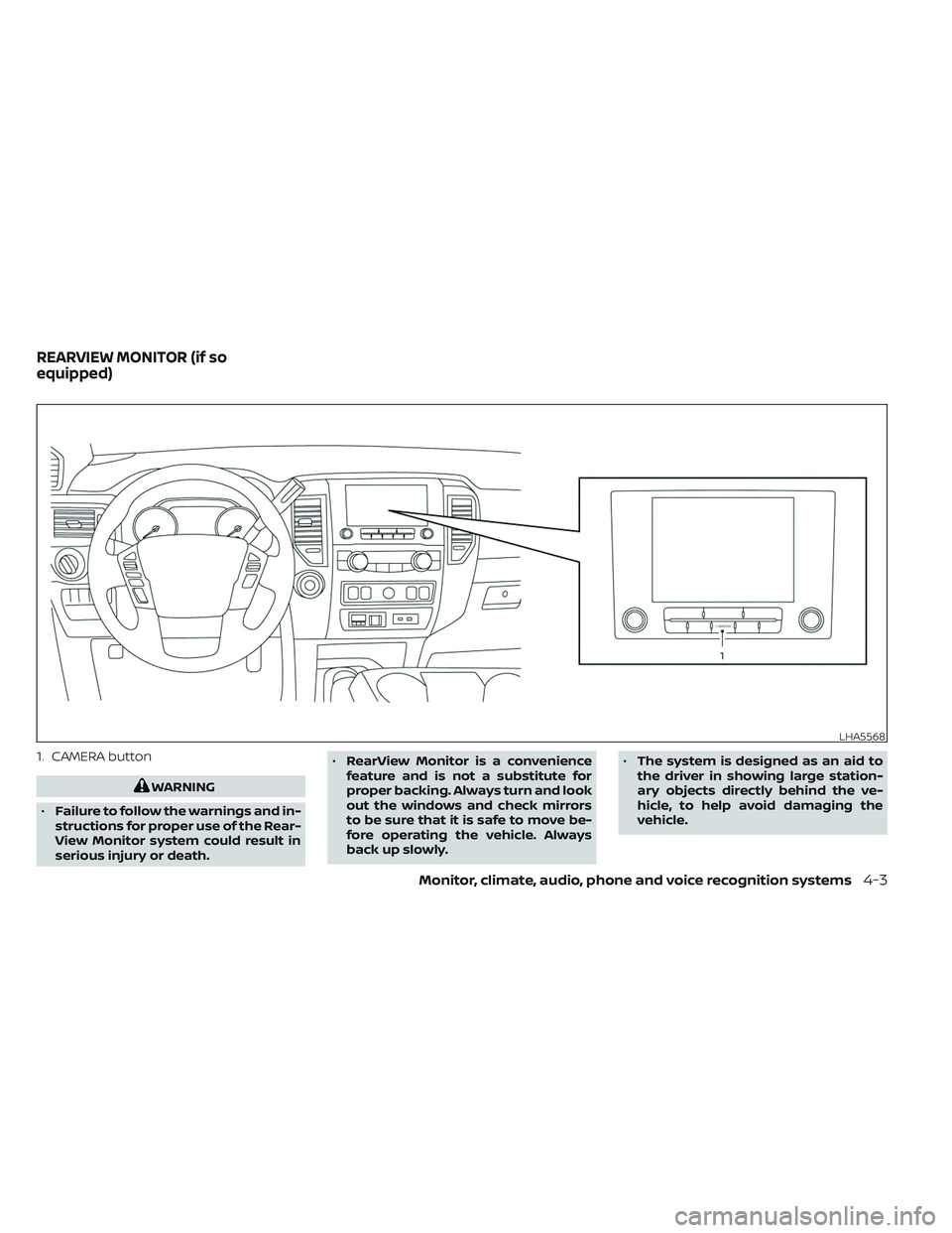 NISSAN TITAN 2023  Owners Manual 1. CAMERA button
WARNING
• Failure to follow the warnings and in-
structions for proper use of the Rear-
View Monitor system could result in
serious injury or death. •
RearView Monitor is a conven