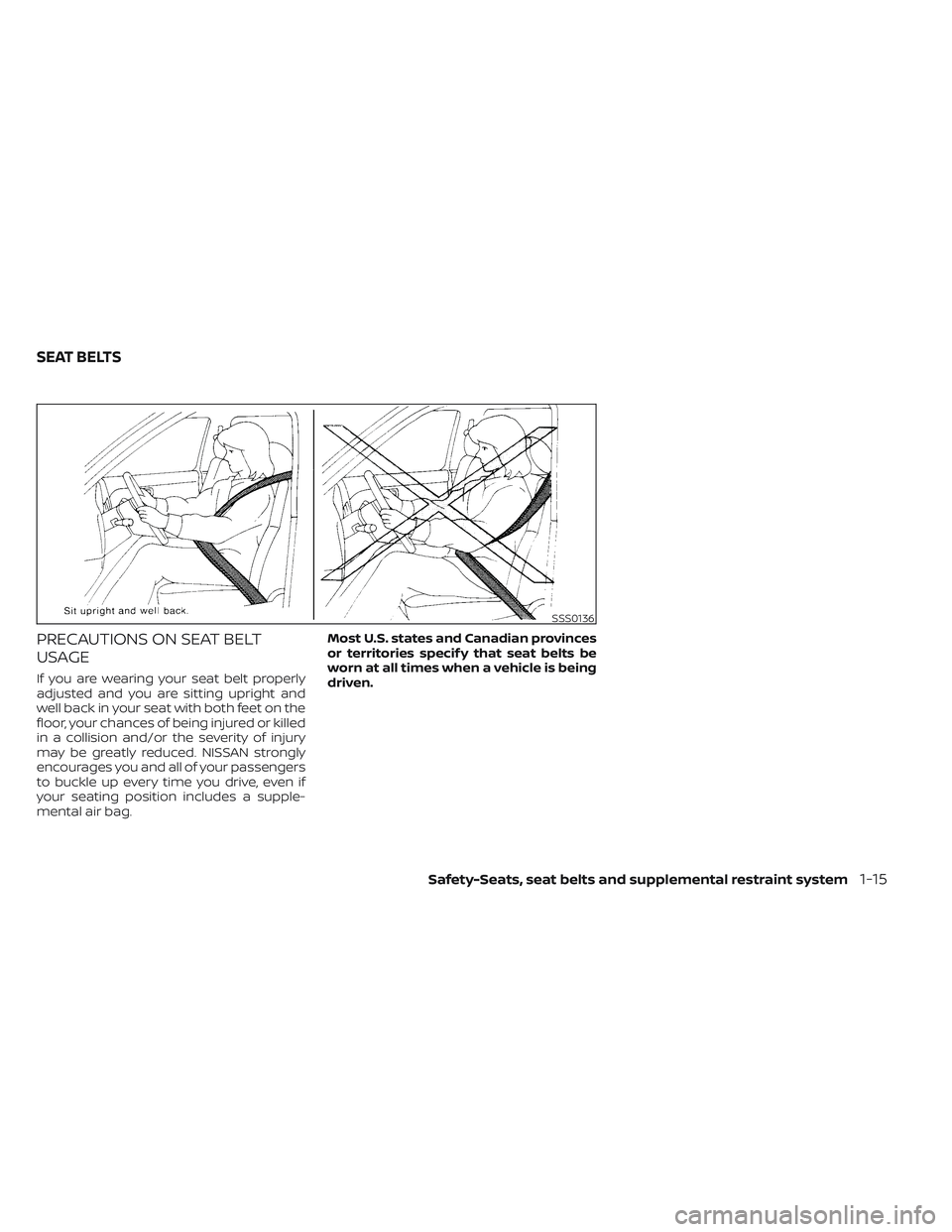 NISSAN TITAN 2023  Owners Manual PRECAUTIONS ON SEAT BELT
USAGE
If you are wearing your seat belt properly
adjusted and you are sitting upright and
well back in your seat with both feet on the
floor, your chances of being injured or 