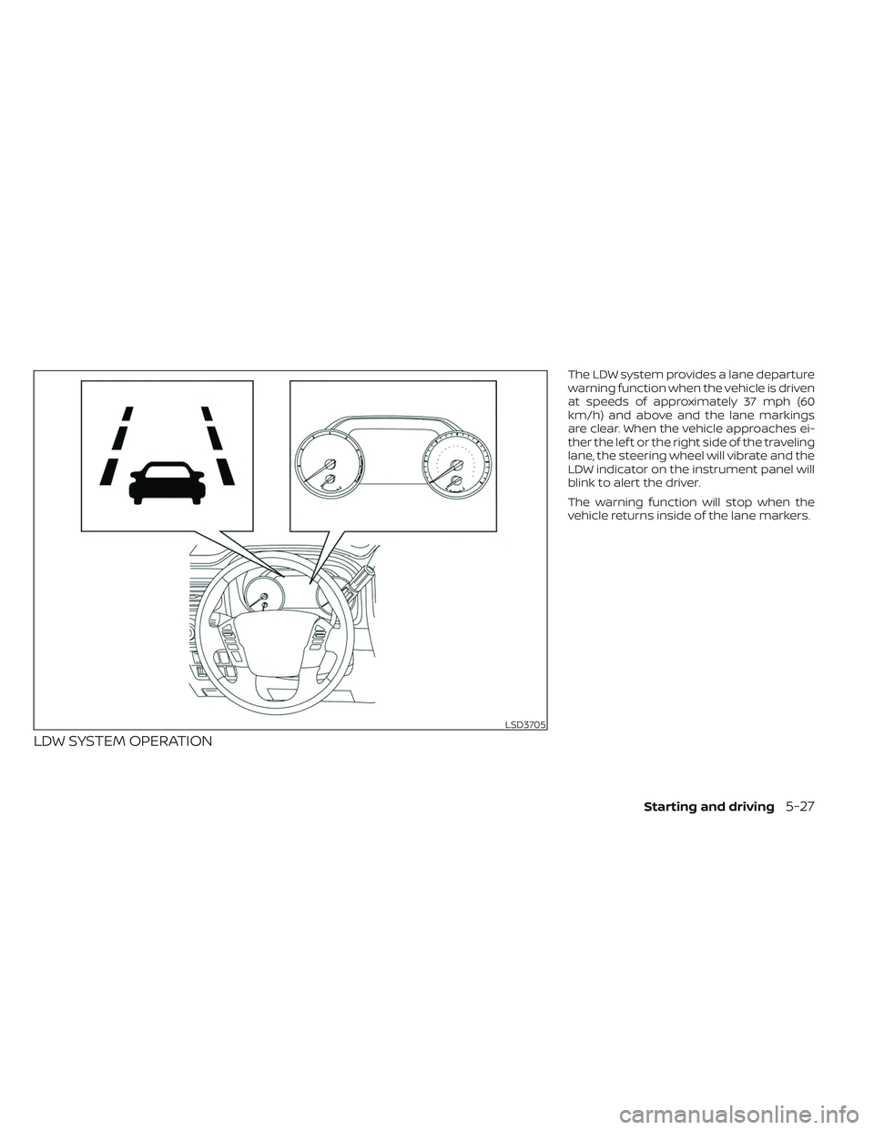 NISSAN TITAN 2023  Owners Manual LDW SYSTEM OPERATION
The LDW system provides a lane departure
warning function when the vehicle is driven
at speeds of approximately 37 mph (60
km/h) and above and the lane markings
are clear. When th