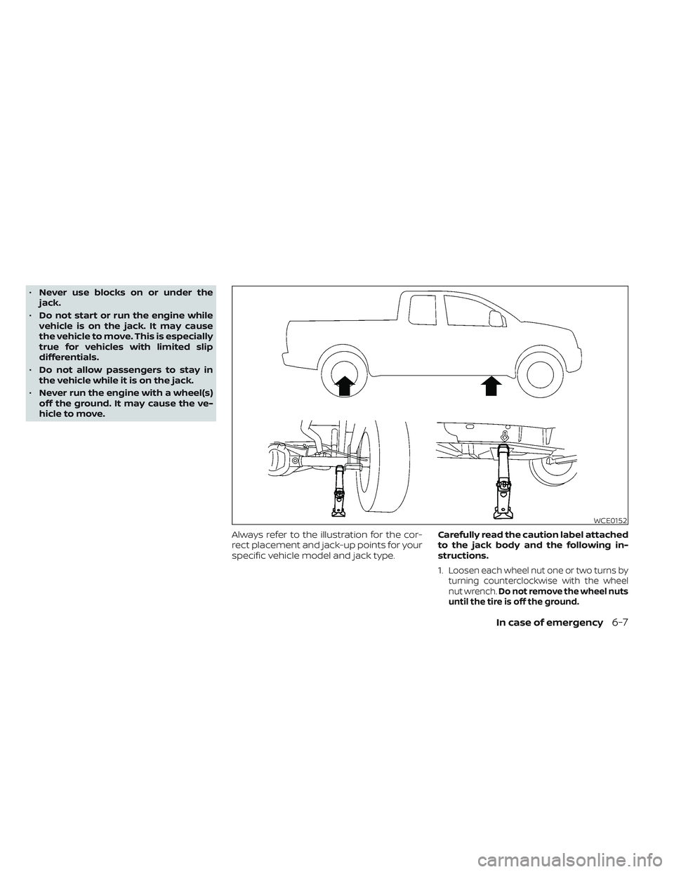 NISSAN TITAN 2023  Owners Manual •Never use blocks on or under the
jack.
• Do not start or run the engine while
vehicle is on the jack. It may cause
the vehicle to move. This is especially
true for vehicles with limited slip
diff