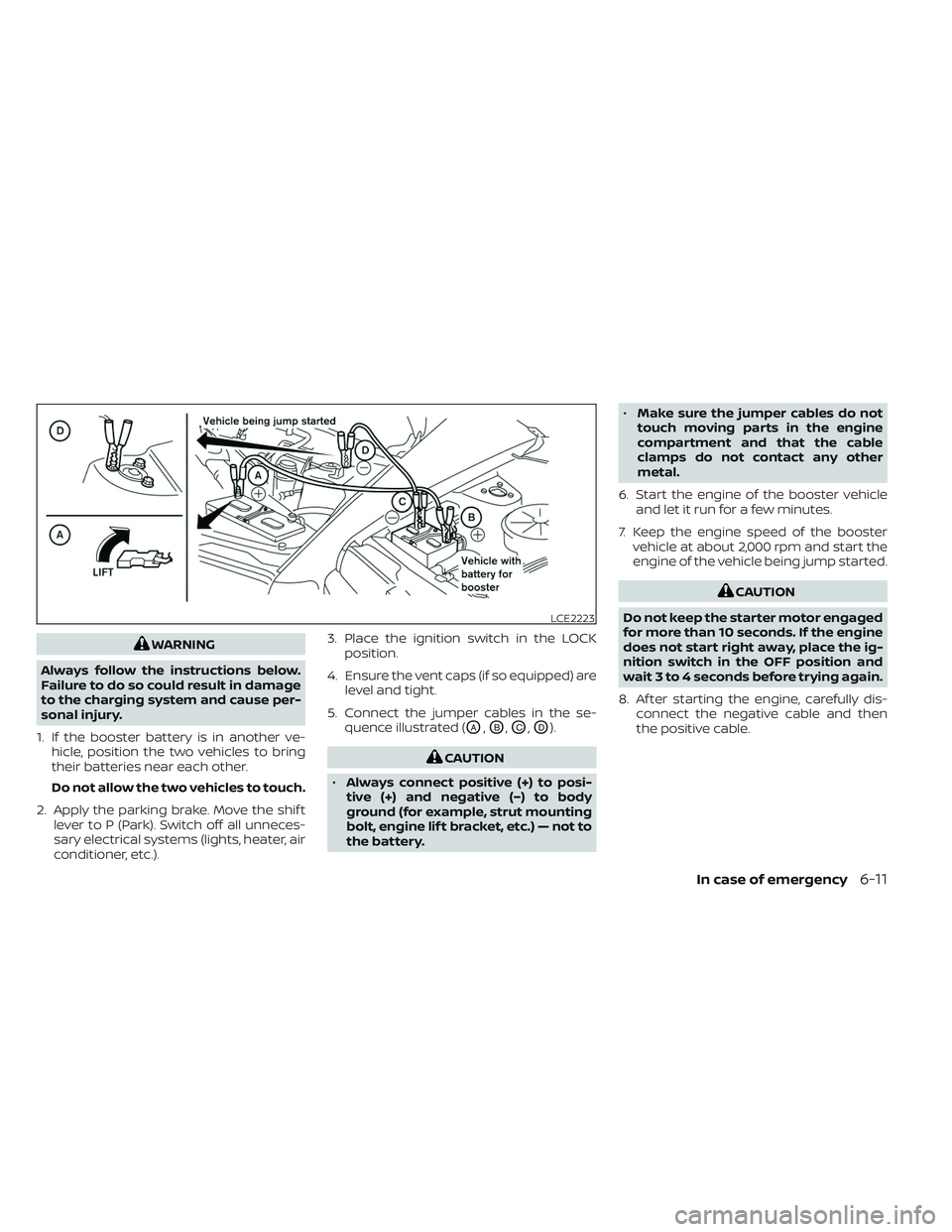 NISSAN TITAN 2023  Owners Manual WARNING
Always follow the instructions below.
Failure to do so could result in damage
to the charging system and cause per-
sonal injury.
1. If the booster battery is in another ve- hicle, position th
