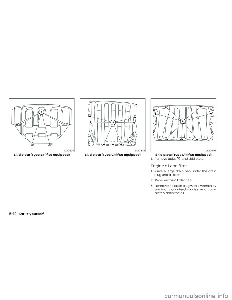NISSAN TITAN 2023  Owners Manual 1. Remove boltsOAand skid plate.
Engine oil and filter
1. Place a large drain pan under the drainplug and oil filter.
2. Remove the oil filler cap.
3. Remove the drain plug with a wrench by turning it
