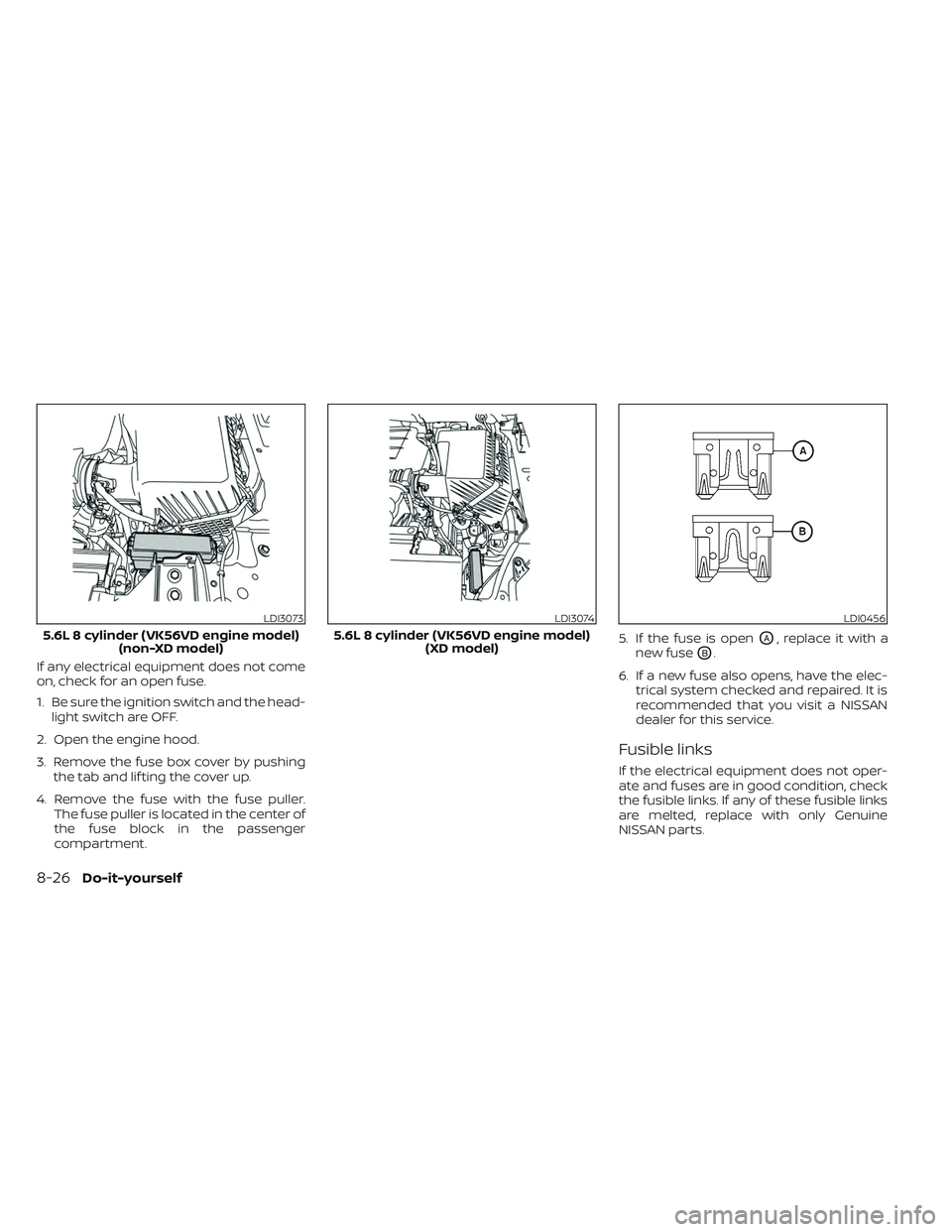 NISSAN TITAN 2023  Owners Manual If any electrical equipment does not come
on, check for an open fuse.
1. Be sure the ignition switch and the head-light switch are OFF.
2. Open the engine hood.
3. Remove the fuse box cover by pushing
