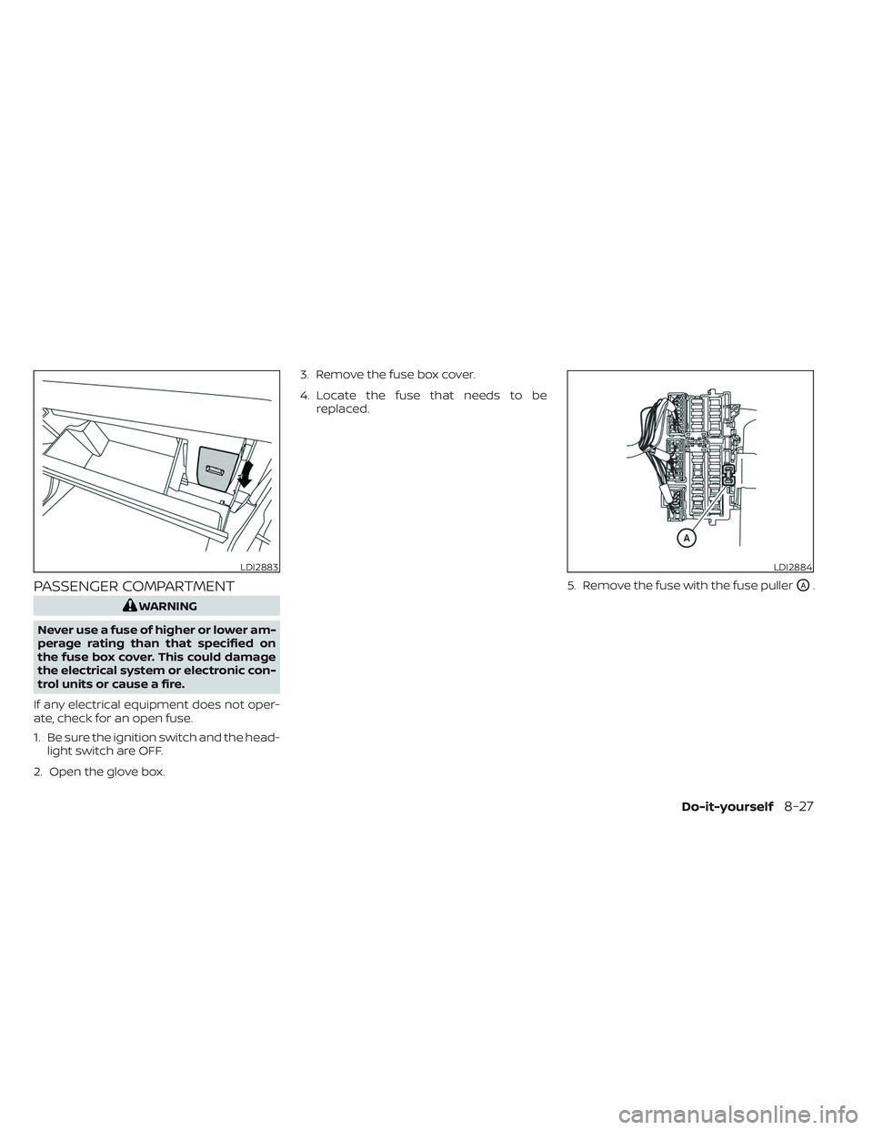 NISSAN TITAN 2023  Owners Manual PASSENGER COMPARTMENT
WARNING
Never use a fuse of higher or lower am-
perage rating than that specified on
the fuse box cover. This could damage
the electrical system or electronic con-
trol units or 