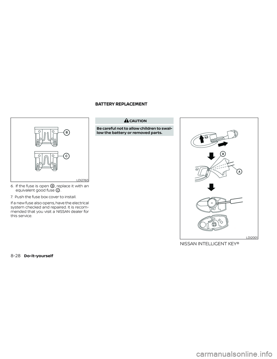 NISSAN TITAN 2023  Owners Manual 6. If the fuse is openOB, replace it with an
equivalent good fuse
OC.
7. Push the fuse box cover to install.
If a new fuse also opens, have the electrical
system checked and repaired. It is recom-
men