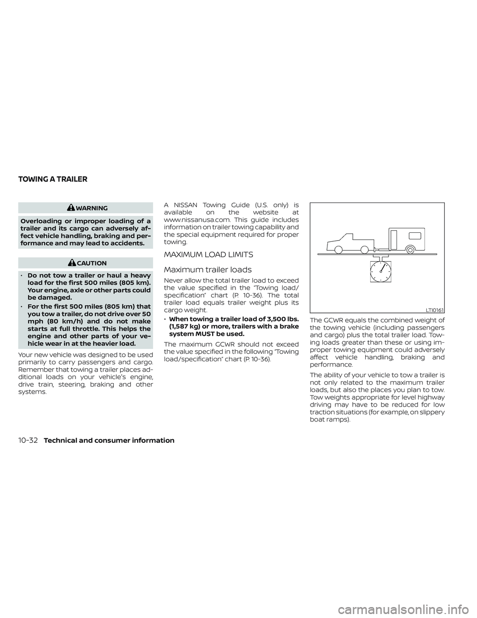 NISSAN TITAN 2023  Owners Manual WARNING
Overloading or improper loading of a
trailer and its cargo can adversely af-
fect vehicle handling, braking and per-
formance and may lead to accidents.
CAUTION
• Do not tow a trailer or hau
