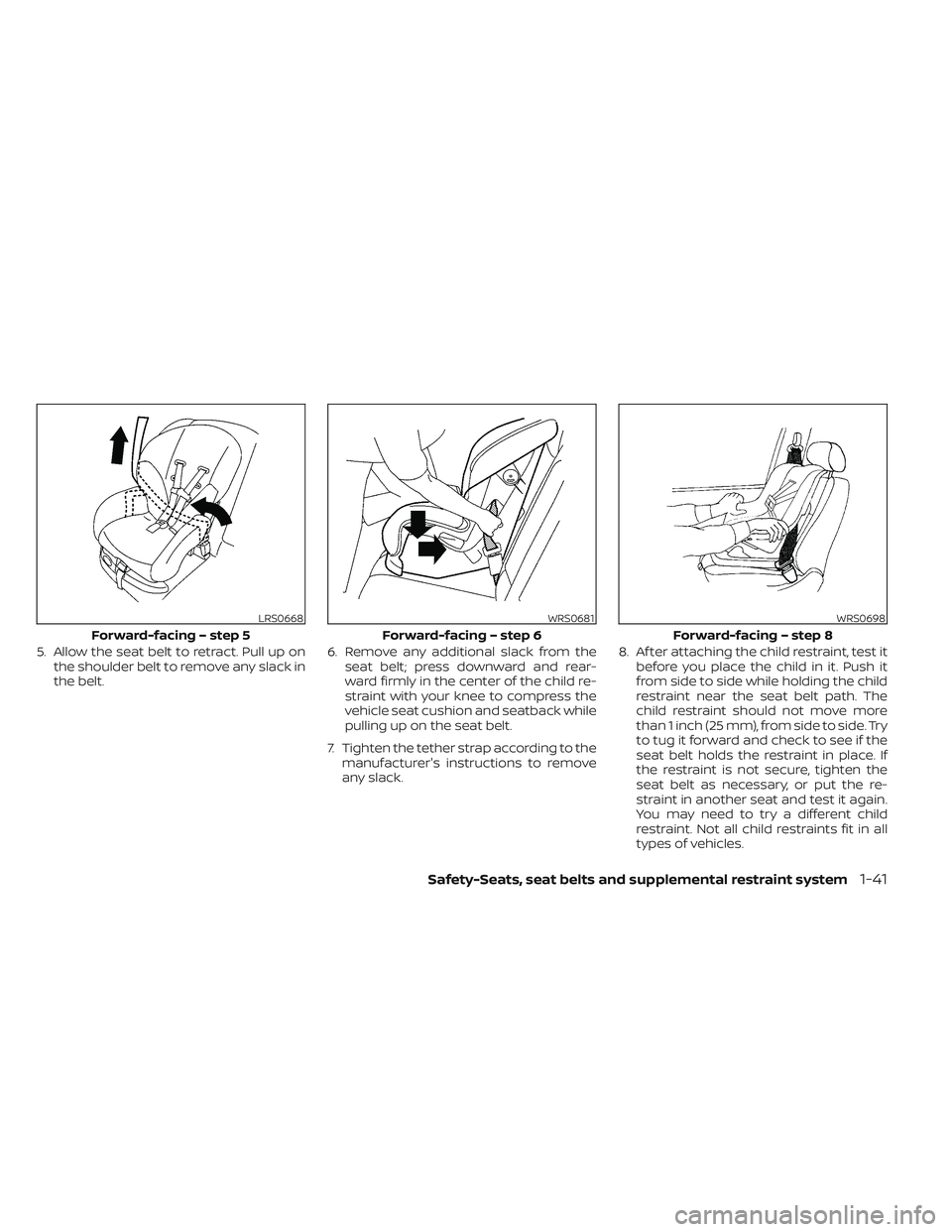 NISSAN TITAN 2023 Owners Manual 5. Allow the seat belt to retract. Pull up onthe shoulder belt to remove any slack in
the belt. 6. Remove any additional slack from the
seat belt; press downward and rear-
ward firmly in the center of NISSAN TITAN 2023 Owners Manual 5. Allow the seat belt to retract. Pull up onthe shoulder belt to remove any slack in
the belt. 6. Remove any additional slack from the
seat belt; press downward and rear-
ward firmly in the center of