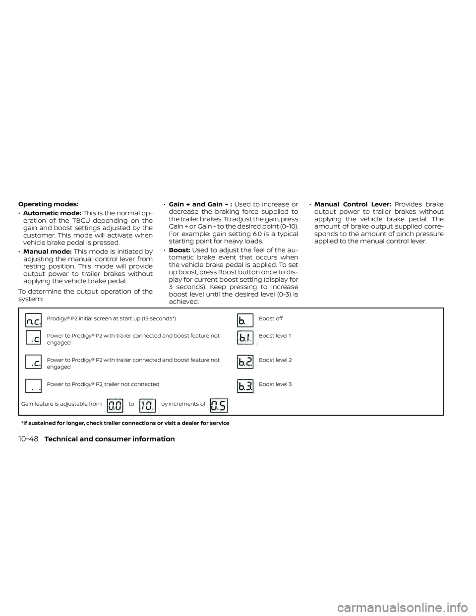 NISSAN TITAN 2023 Owners Manual Operating modes:
•Automatic mode: This is the normal op-
eration of the TBCU depending on the
gain and boost settings adjusted by the
customer. This mode will activate when
vehicle brake pedal is pr NISSAN TITAN 2023 Owners Manual Operating modes:
•Automatic mode: This is the normal op-
eration of the TBCU depending on the
gain and boost settings adjusted by the
customer. This mode will activate when
vehicle brake pedal is pr