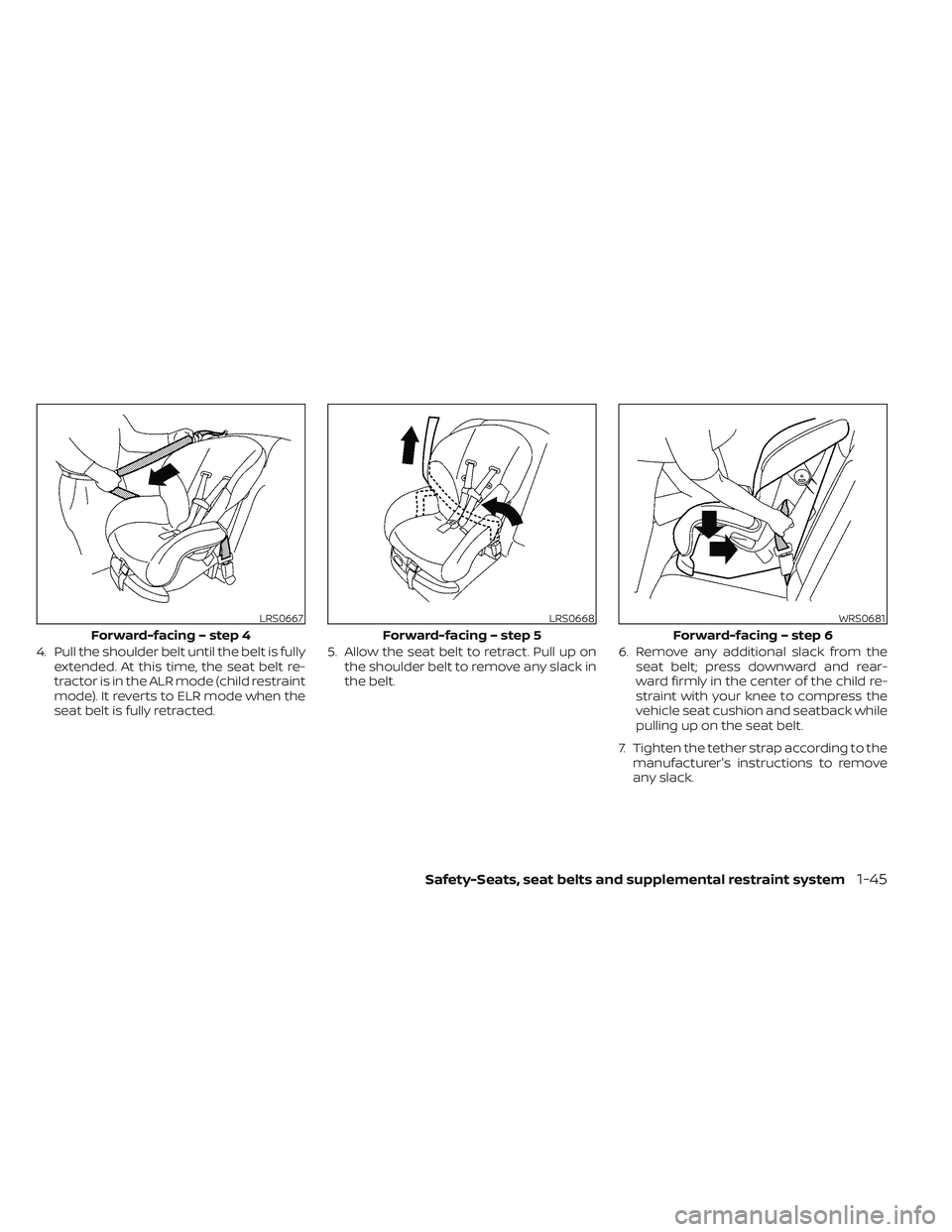 NISSAN TITAN 2023  Owners Manual 4. Pull the shoulder belt until the belt is fullyextended. At this time, the seat belt re-
tractor is in the ALR mode (child restraint
mode). It reverts to ELR mode when the
seat belt is fully retract