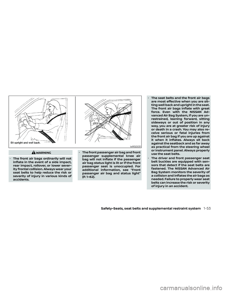 NISSAN TITAN 2023  Owners Manual WARNING
• The front air bags ordinarily will not
inflate in the event of a side impact,
rear impact, rollover, or lower sever-
ity frontal collision. Always wear your
seat belts to help reduce the r