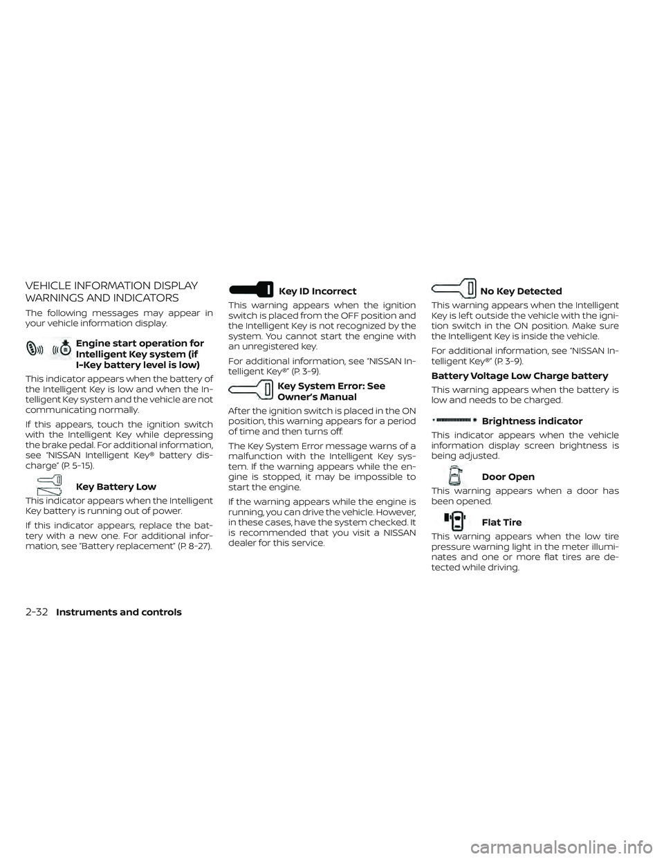 NISSAN TITAN 2022  Owners Manual VEHICLE INFORMATION DISPLAY
WARNINGS AND INDICATORS
The following messages may appear in
your vehicle information display.
Engine start operation for
Intelligent Key system (if
I-Key battery level is 
