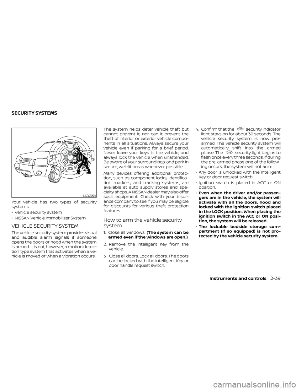 NISSAN TITAN 2022  Owners Manual Your vehicle has two types of security
systems:
• Vehicle security system
• NISSAN Vehicle Immobilizer System
VEHICLE SECURITY SYSTEM
The vehicle security system provides visual
and audible alarm 