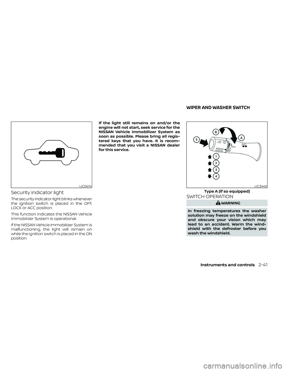 NISSAN TITAN 2022  Owners Manual Security indicator light
The security indicator light blinks whenever
the ignition switch is placed in the OFF,
LOCK or ACC position.
This function indicates the NISSAN Vehicle
Immobilizer System is o
