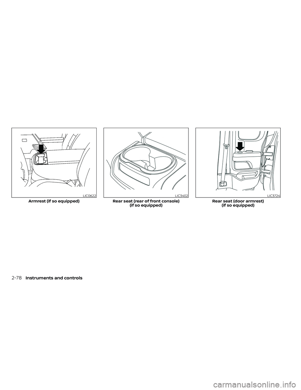 NISSAN TITAN 2022  Owners Manual LIC0622
Armrest (if so equipped)
LIC3402
Rear seat (rear of front console)(if so equipped)
LIC3724
Rear seat (door armrest)(if so equipped)
2-78Instruments and controls 