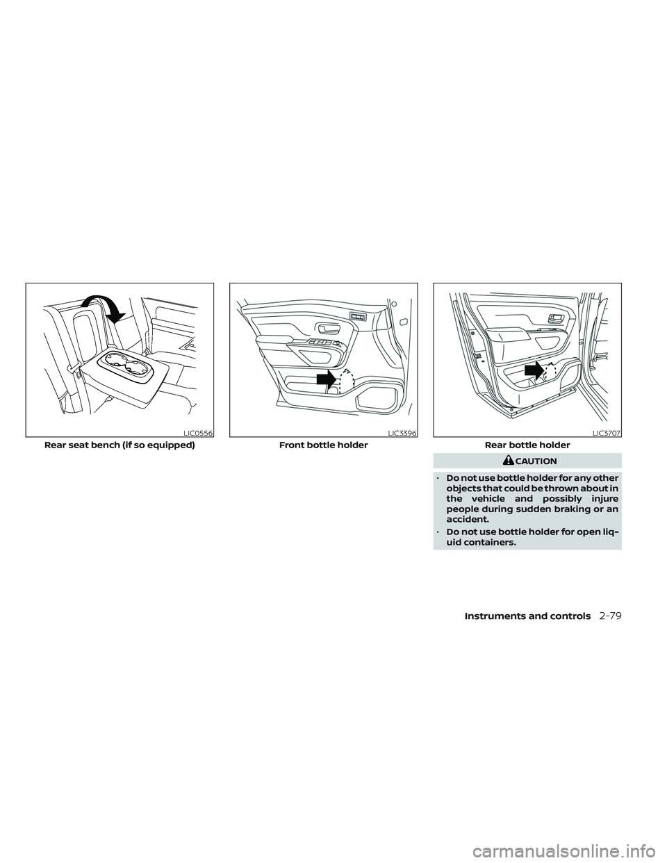 NISSAN TITAN 2022  Owners Manual CAUTION
• Do not use bottle holder for any other
objects that could be thrown about in
the vehicle and possibly injure
people during sudden braking or an
accident.
• Do not use bottle holder for o